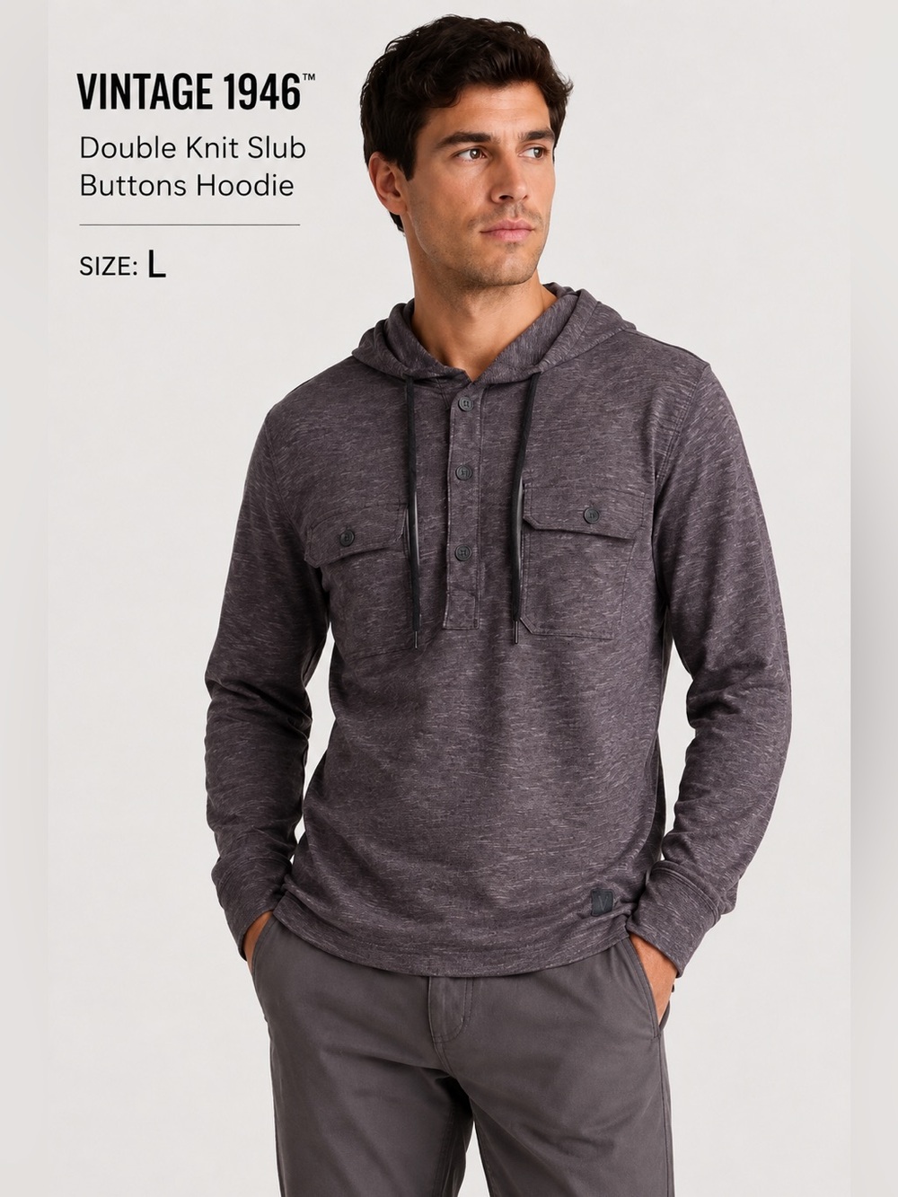 VINTAGE 1946 mens double knit slub buttons hoodie casual pullover/size L
